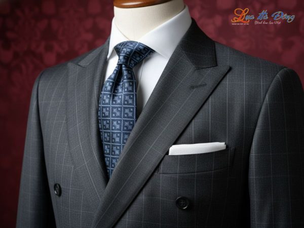 Cà vạt lụa tơ tằm họa tiết ô vuông xanh xám