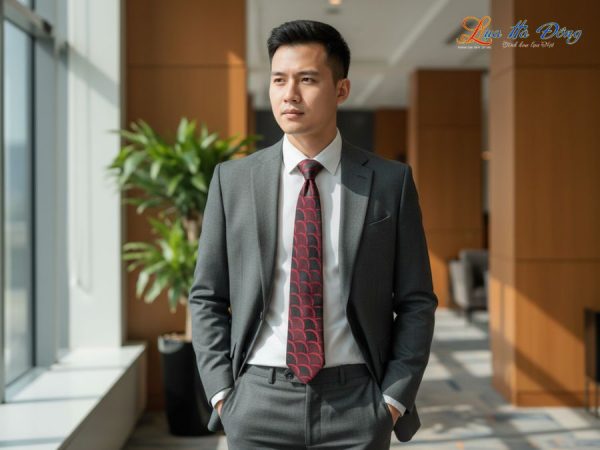 Cà vạt lụa tơ tằm họa tiết sóng đỏ đen