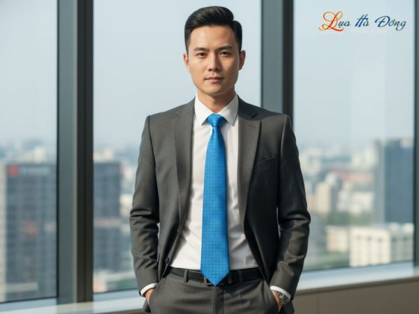 Cà vạt lụa tơ tằm họa tiết xanh chấm bi đen