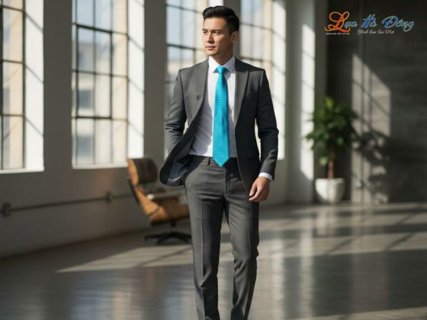 Cà vạt lụa tơ tằm họa tiết xanh chấm bi vàng