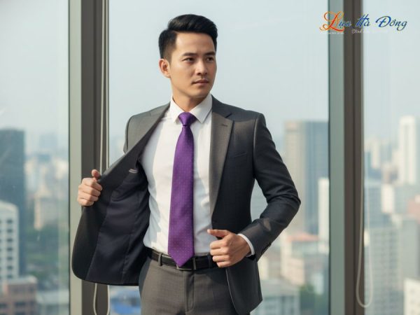 Cà vạt lụa tơ tằm màu tím chấm bi đỏ