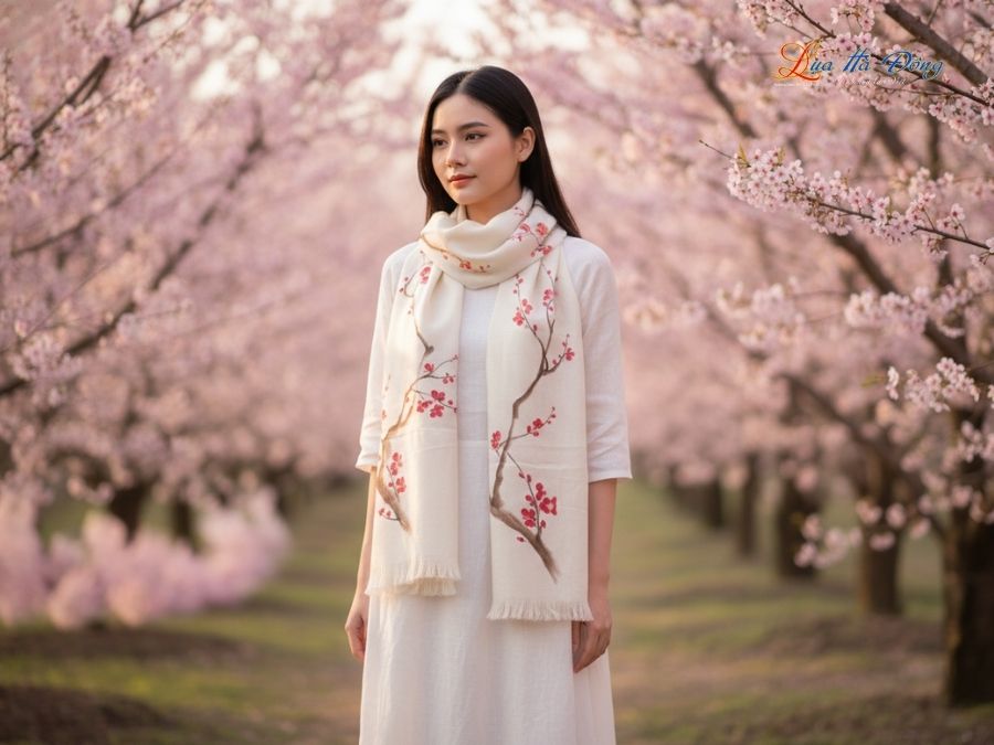 Khăn lụa dệt hoa vẽ tay 100% silk cao cấp