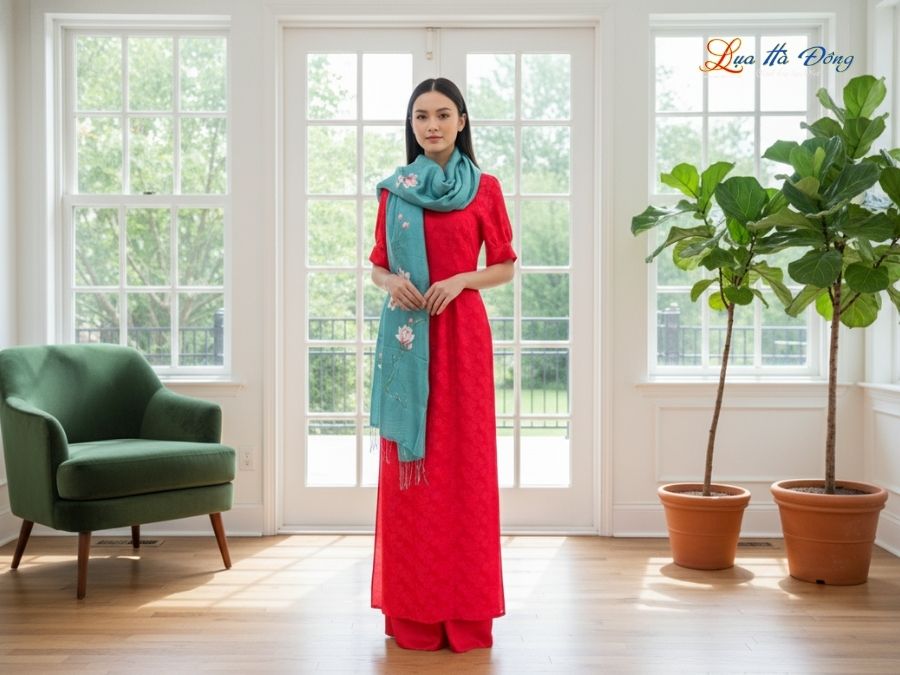 Khăn lụa tơ tằm 100% silk họa tiết hoa mộc lan vẽ tay