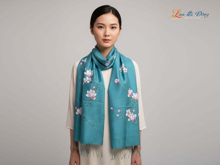 Khăn lụa tơ tằm 100% silk họa tiết hoa mộc lan vẽ tay