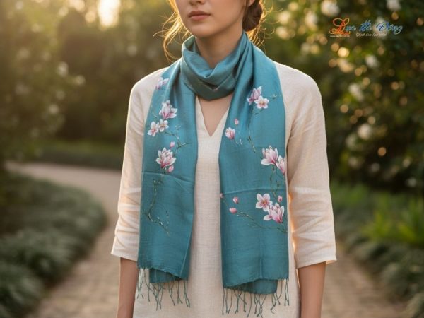 Khăn lụa tơ tằm 100% silk họa tiết hoa mộc lan vẽ tay