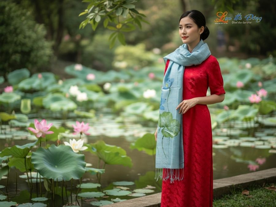 Khăn lụa tơ tằm 100% silk họa tiết hoa sen vẽ tay