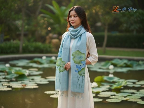 Khăn lụa tơ tằm 100% silk họa tiết hoa sen vẽ tay