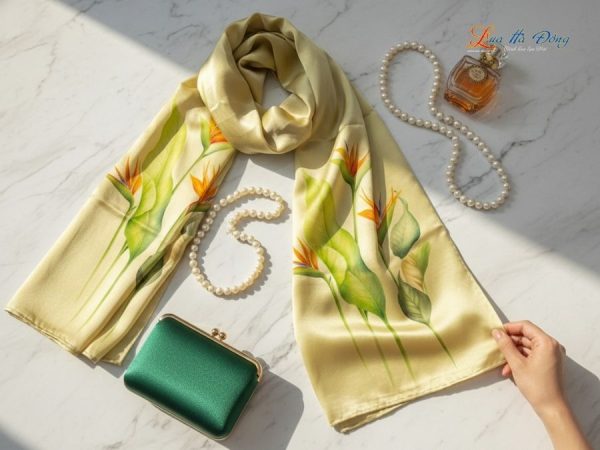 Khăn lụa tơ tằm 100% silk họa tiết hoa thiên điểu vẽ tay