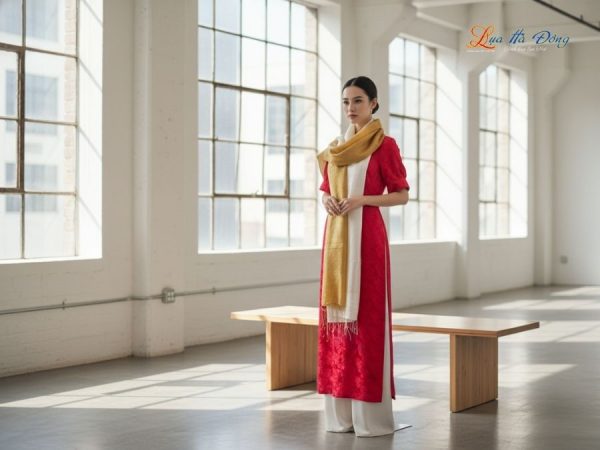 Khăn lụa tơ tằm loang màu vàng đồng 100% silk