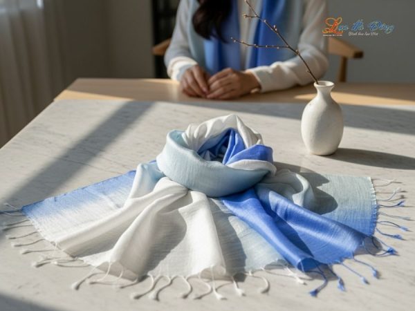 Khăn lụa tơ tằm loang màu xanh dương 100% silk