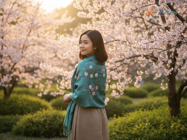 Khăn lụa tơ tằm 100% silk họa tiết hoa đào vẽ tay