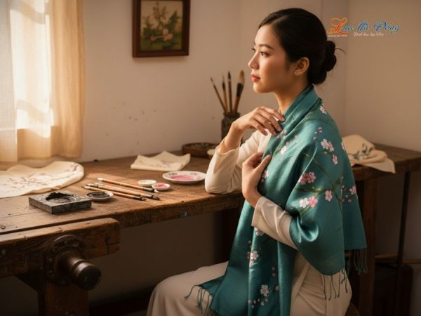 Khăn lụa tơ tằm 100% silk họa tiết hoa đào vẽ tay