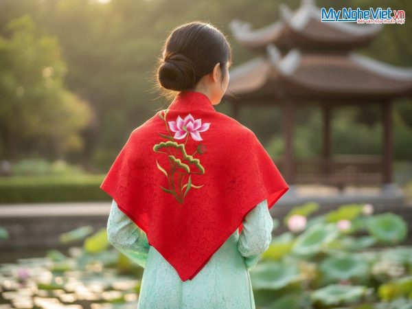 Khăn lụa vuông thêu sen họa tiết hoa cúc màu đỏ