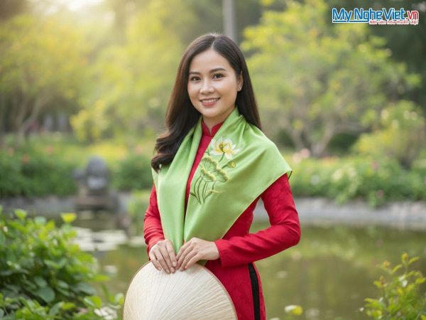 Khăn lụa vuông tơ tằm thêu sen trơn màu xanh cốm