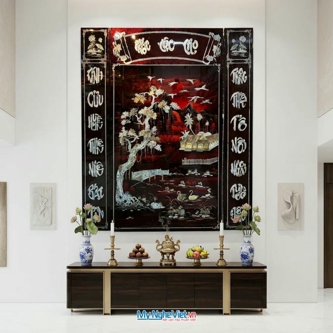Liễn sơn mài - Cửu huyền thất tổ đấp cẩn ốc ngang 120x140cm SMA195-1214