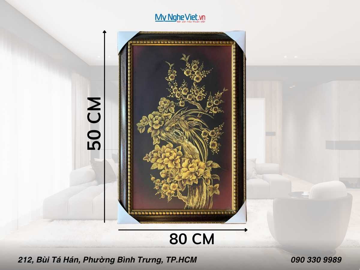 Tranh sơn mài hoa mai trĩ 50x80cm có khung 64x94 TSM691-9