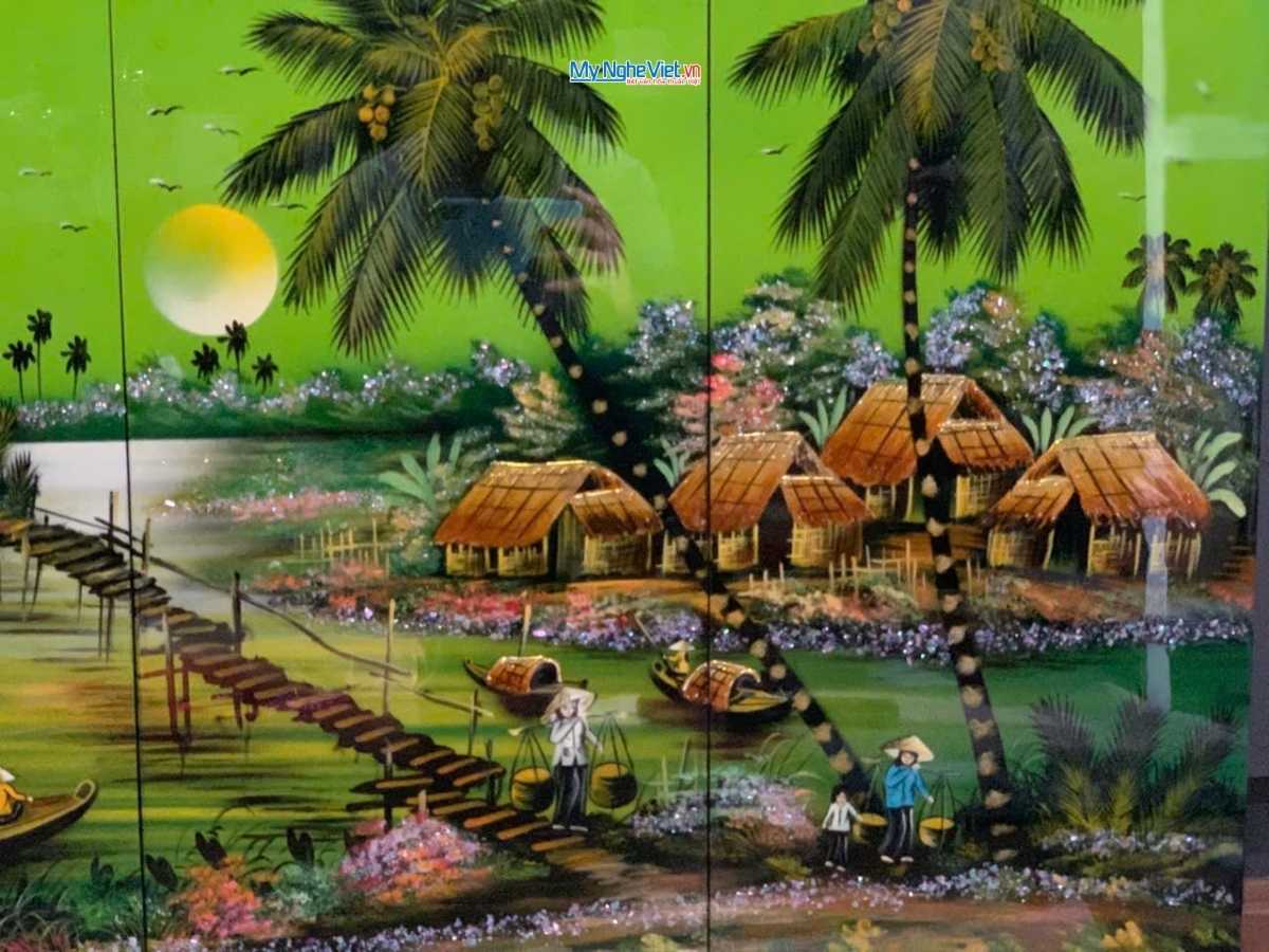 Bộ Tranh sơn mài Đồng Quê xanh lá 30x60 MNV-TSM36-2 - Ảnh 3