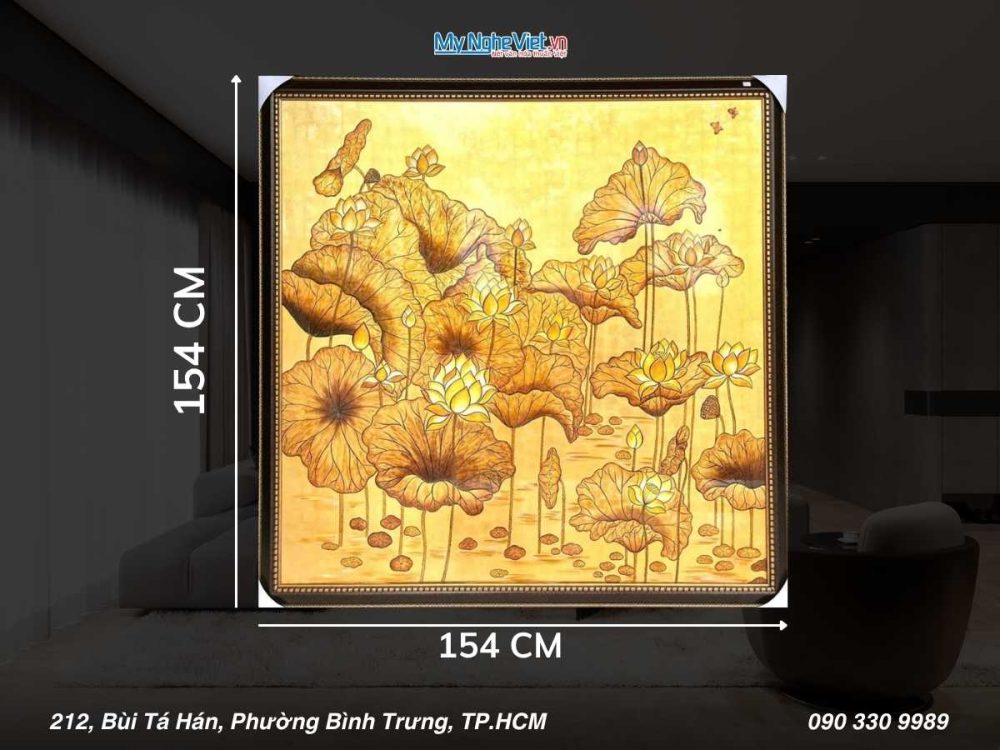 Tranh Sơn Mài Hoa Sen Đắp Nổi Dát Vàng 154x154cm TSMTB1515-1