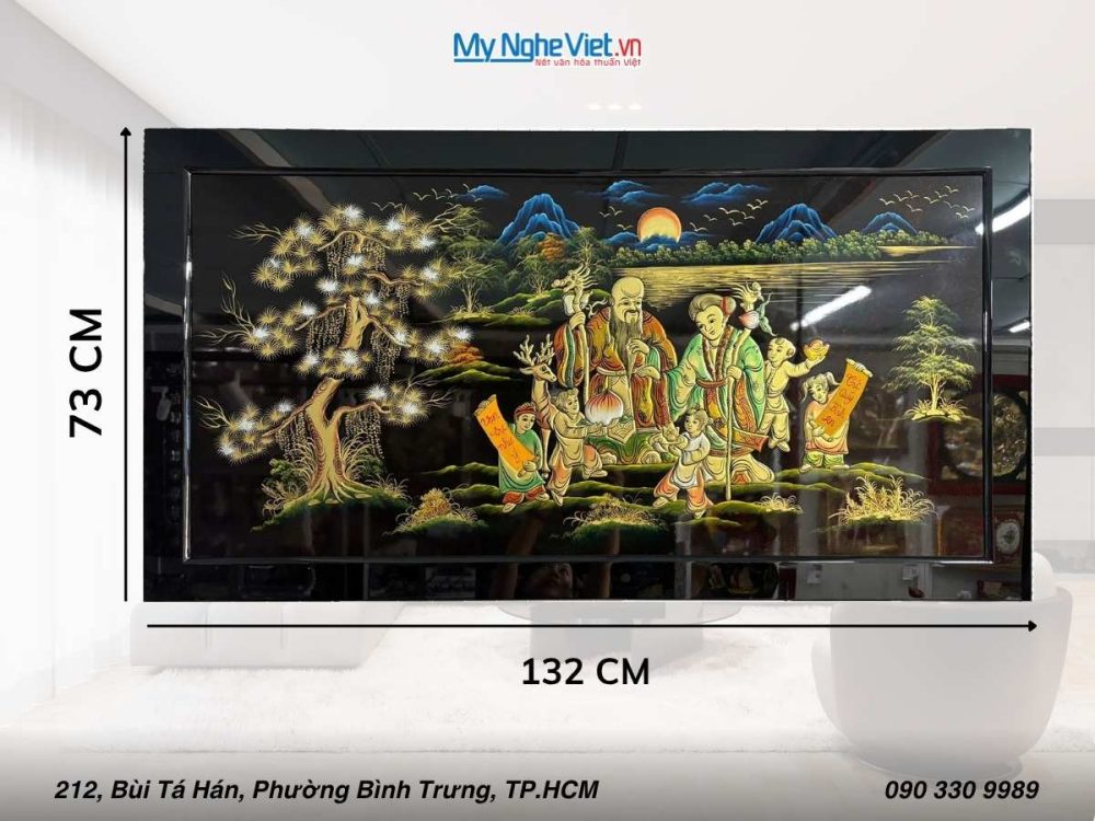 Tranh SM Mừng thọ đắp nổi 60x120 khung sơn mài 73x132 TSM7137-2
