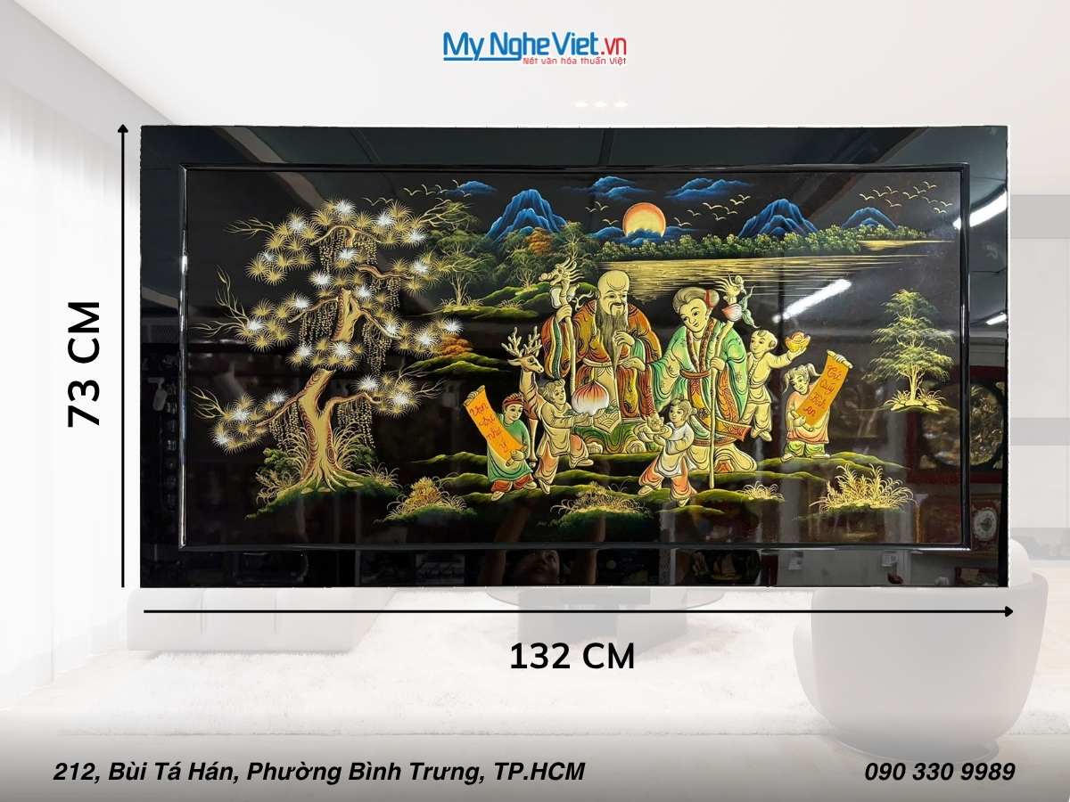 Tranh SM Mừng thọ đắp nổi 60x120 khung sơn mài 73x132 TSM7137-2