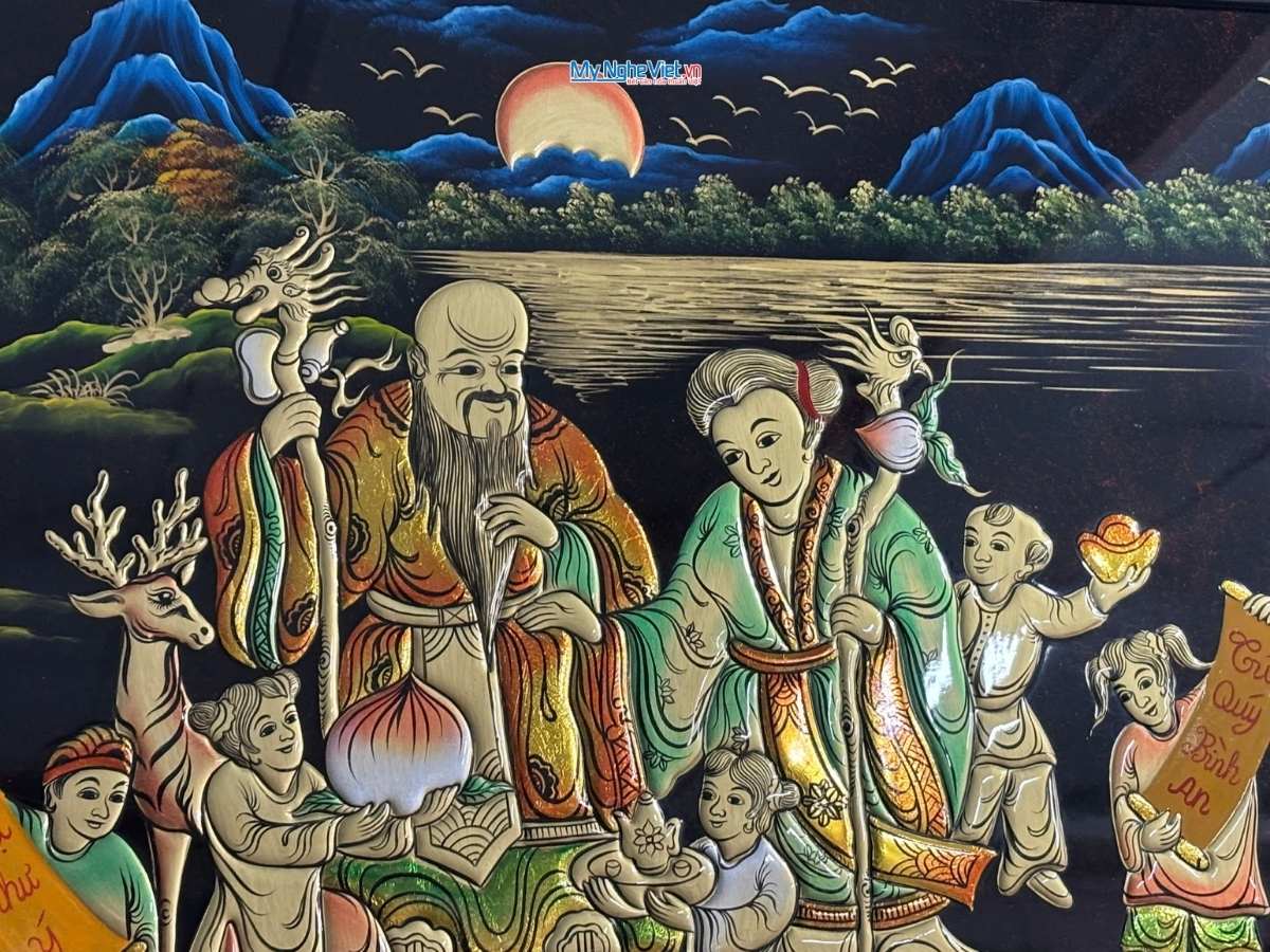 Tranh SM Mừng thọ đắp nổi 60x120 khung sơn mài 73x132 TSM7137-2 - Ảnh 3