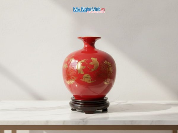 Bình hút tài lộc Chữ Phúc cá sen vàng kim nền đỏ