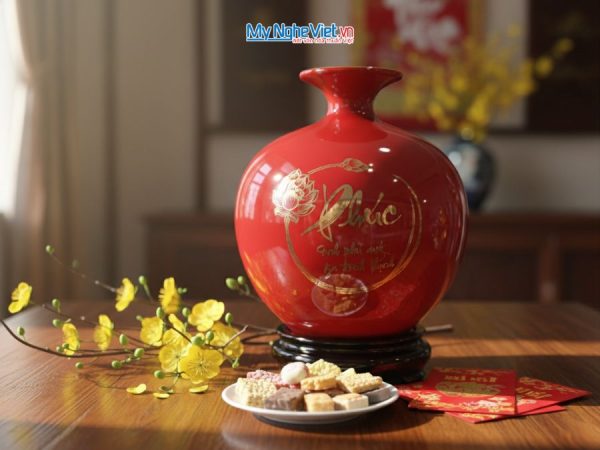 Bình hút tài lộc Chữ Phúc cá sen vàng kim nền đỏ