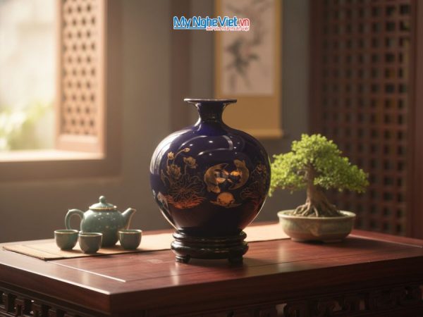 Bình hút tài lộc Lý ngư vọng nguyệt vàng kim nền xanh coban