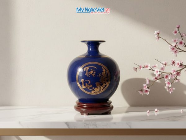 Bình hút tài lộc rồng vàng kim nền xanh coban