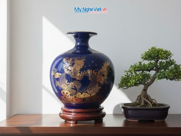 Bình hút tài lộc rồng vàng kim nền xanh coban