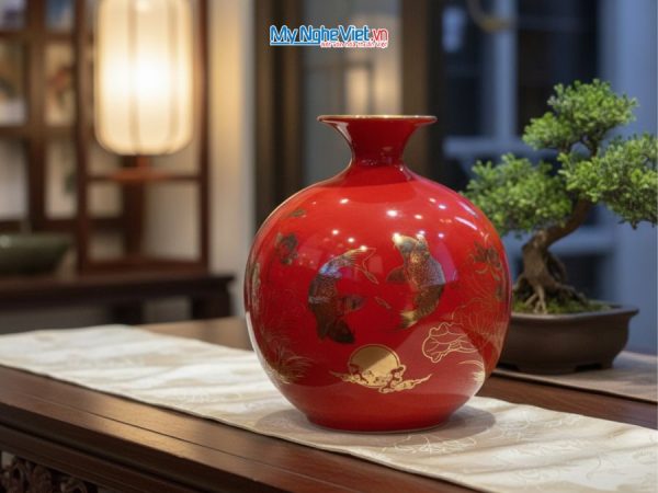 Bình hút tài lộc vẽ nhị cảnh cá sen - vạn sự như ý nền đỏ