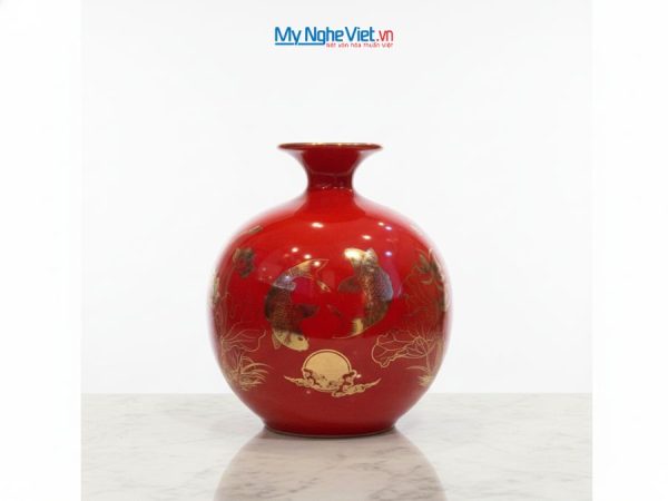 Bình hút tài lộc vẽ nhị cảnh cá sen - vạn sự như ý nền đỏ