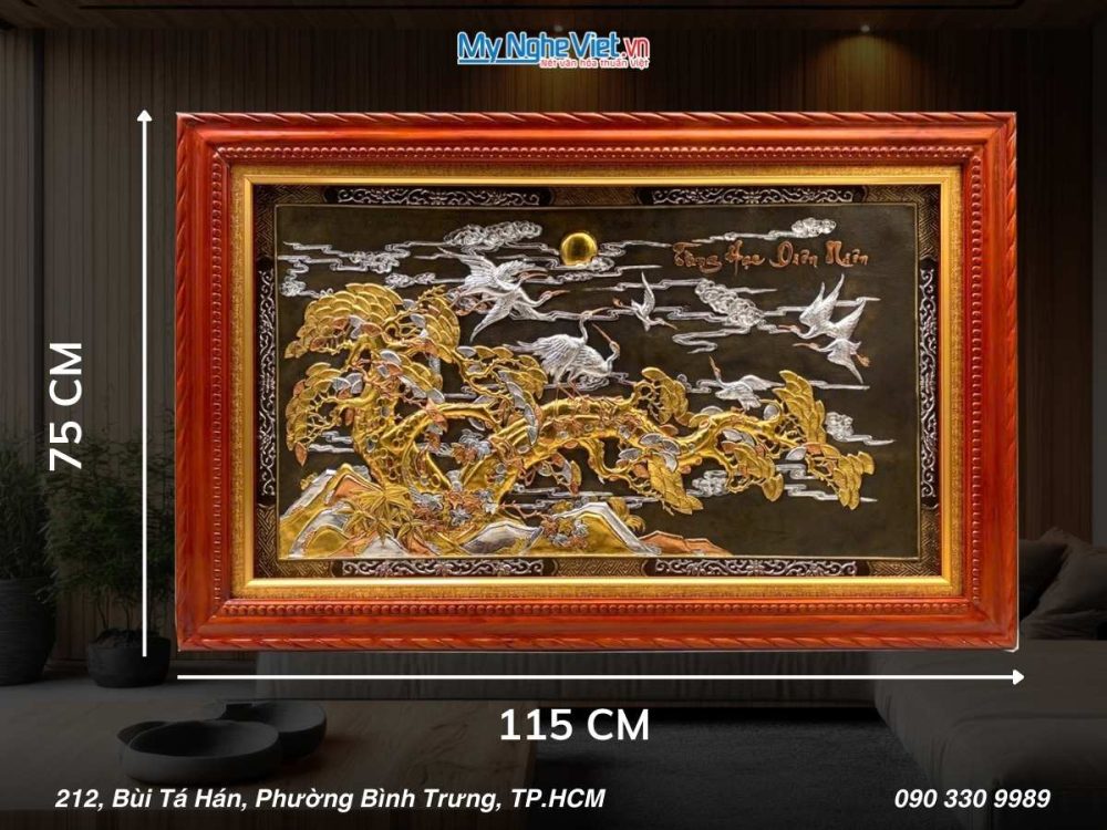Tranh đồng Tùng Hạc Diên Niên dát vàng nền đen 75x115