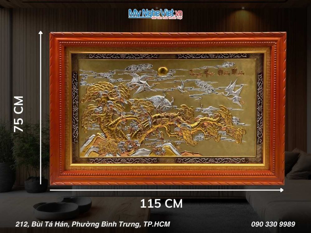 Tranh đồng Tùng Hạc Diên Niên dát vàng nền vàng 75x115