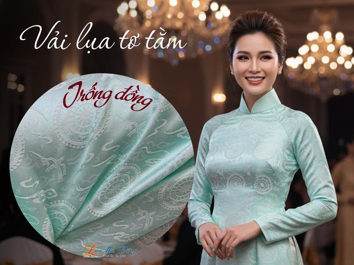 Vải Lụa tơ tằm Hà Đông trống đồng xanh mint 1m LHD1/2