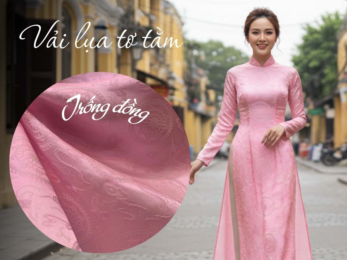 Vải lụa tơ tằm Hà Đông Trống Đồng Hồng Phấn 1m LHD1/1