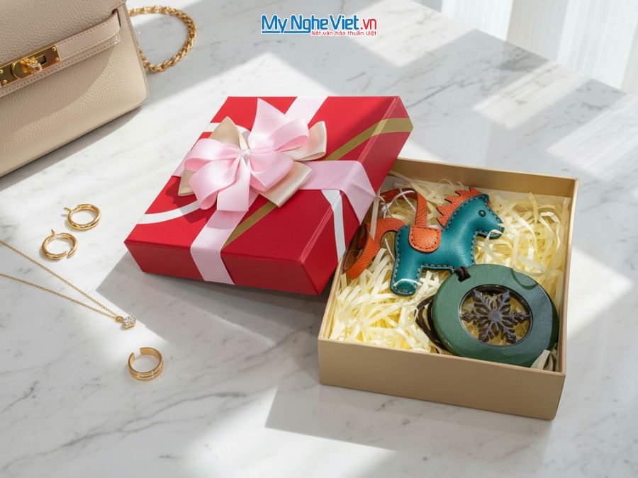 Bộ quà tặng mặt dây sừng và móc khóa ngựa bằng da