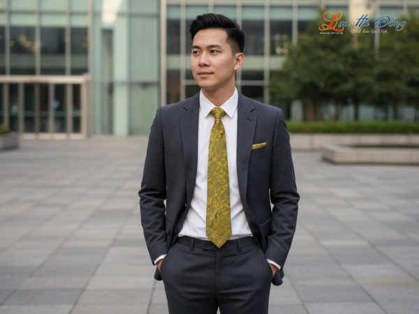 Cà vạt lụa tơ tằm họa tiết đuôi công vàng