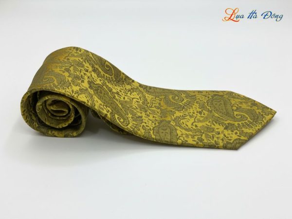 Cà vạt lụa tơ tằm họa tiết đuôi công vàng