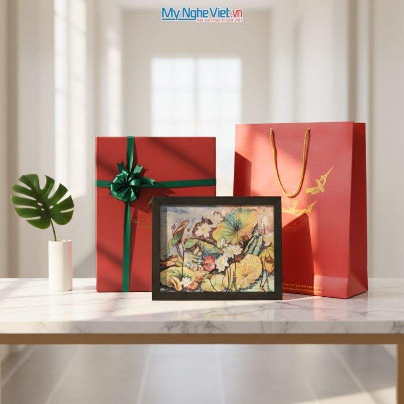 Quà lưu niệm tranh sơn mài hoa sen