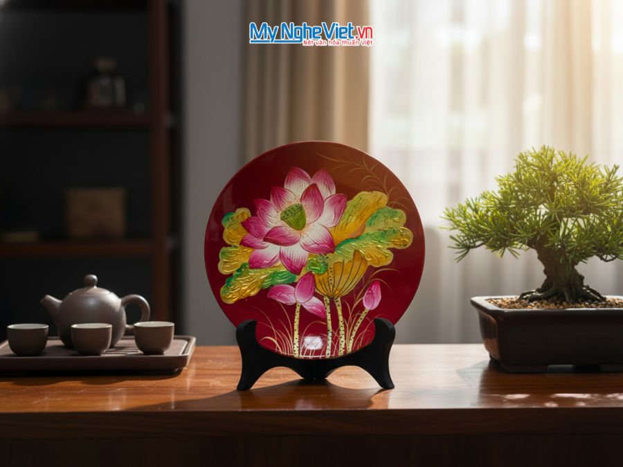 Tranh đĩa sơn mài vẽ tay hoa sen