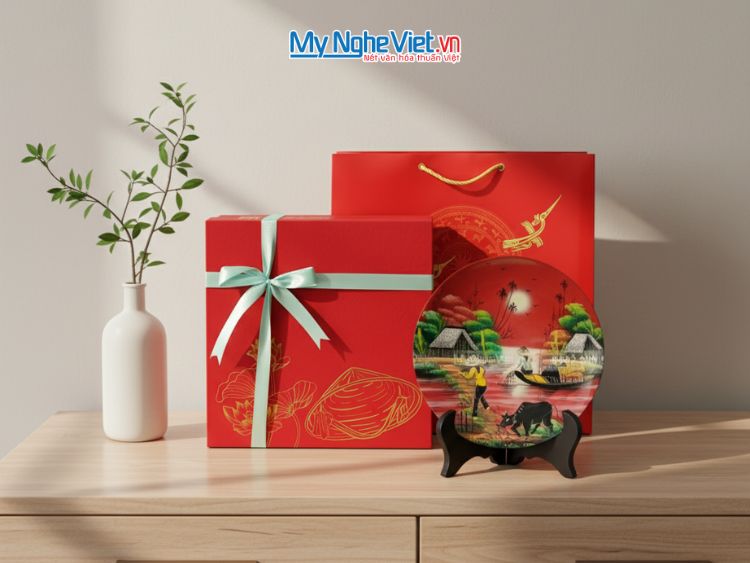 Tranh Đĩa Sơn Mài Đồng Quê Màu Đỏ
