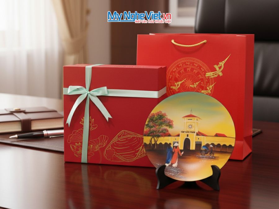 Tranh đĩa sơn mài vẽ Chợ Bến Thành
