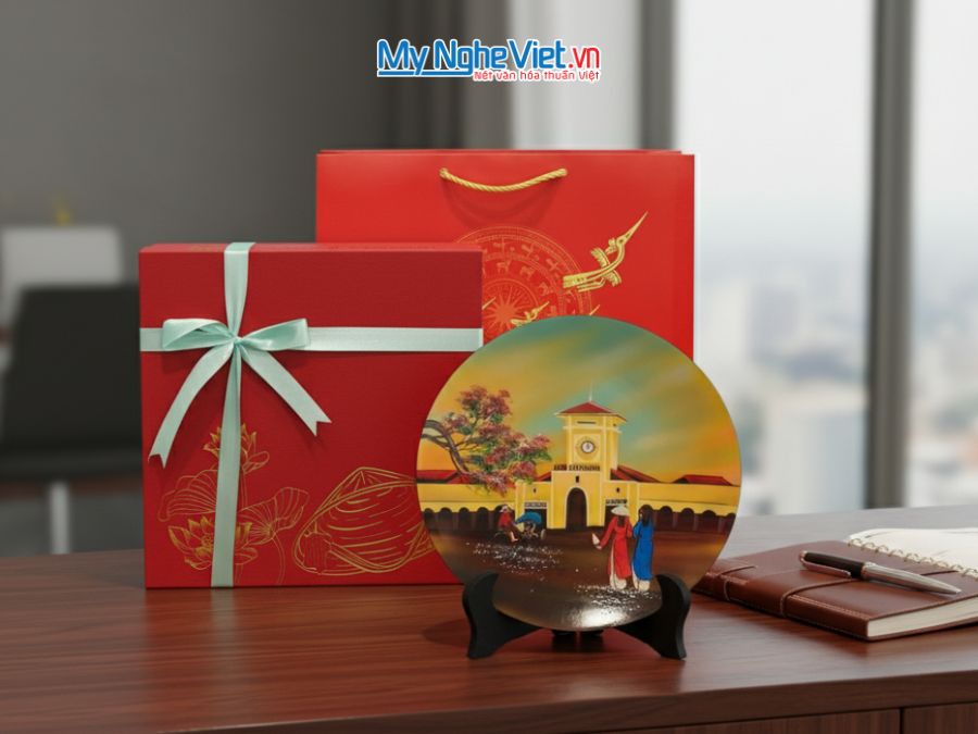 Tranh đĩa sơn mài vẽ Chợ Bến Thành