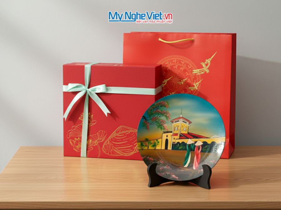Tranh đĩa sơn mài vẽ Chợ Bến Thành