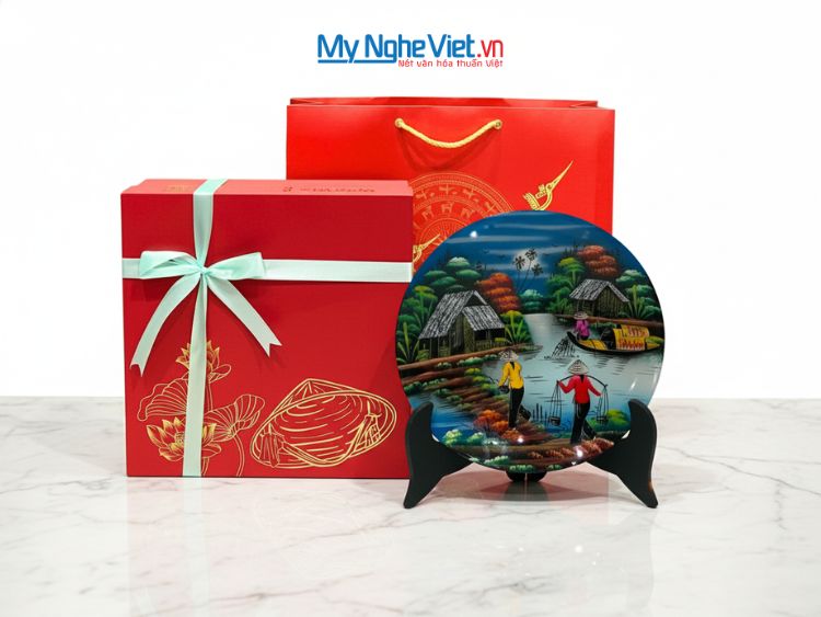 Tranh Đĩa Sơn Mài Đồng Quê Màu Xanh Dương