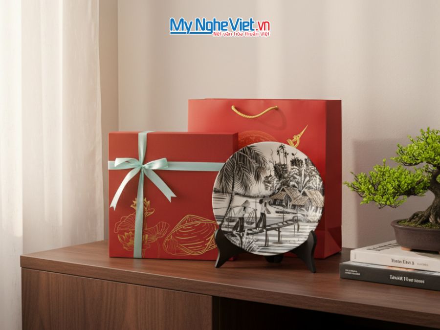 Tranh Đĩa Sơn Mài Đồng Quê Trắng Đen