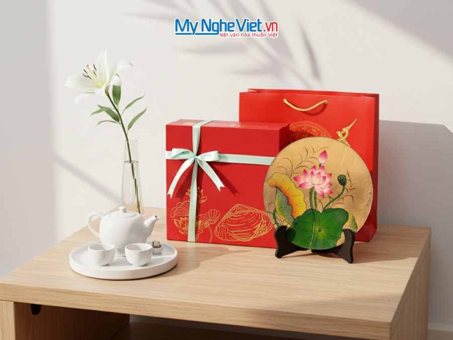 Tranh đĩa sơn mài hoa sen dát lá vàng