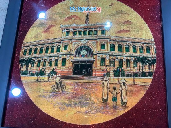 Tranh Sơn Mài Vẽ Bưu Điện Trung Tâm Sài Gòn 35x35cm