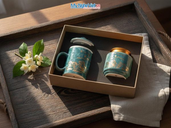 Combo hộp quà tặng ly lọc trà và hũ đựng trà men vân đá cao cấp